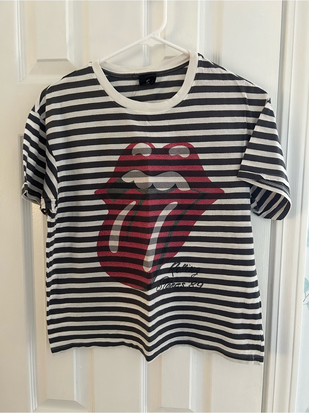 Striped Black & White Short Sleeve Tee with Red Lip Graphic